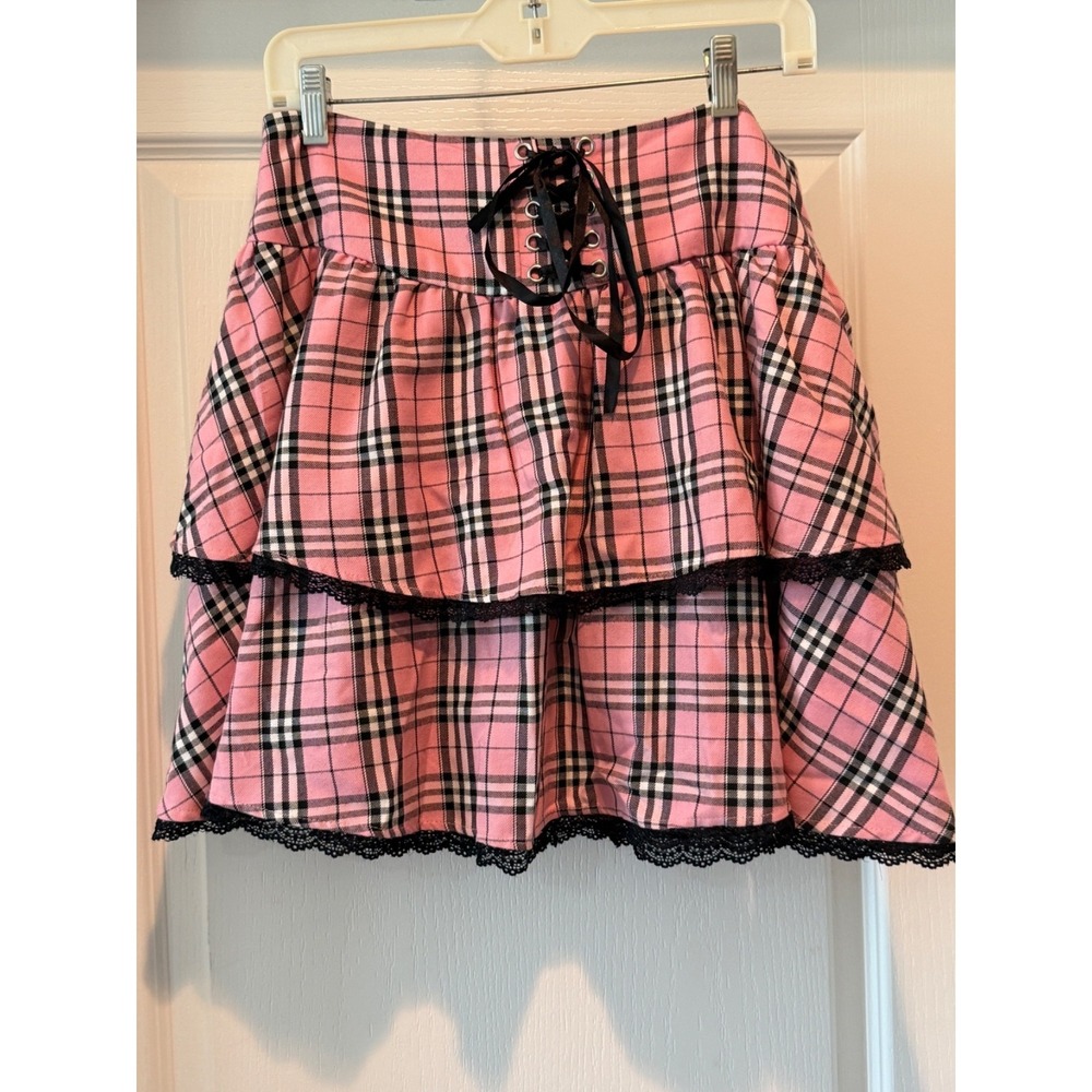 Hot Topic Pink plaid Corseted Tiered Skirt Black lace  Cute Goth Large - Picture 2 of 5